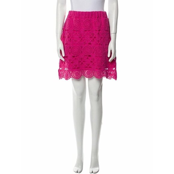 NWT CAROLINE CONSTAS NEW YORK  RASPBERRY PINK CROCHET MINI SKIRT SZ XS - Picture 1 of 8